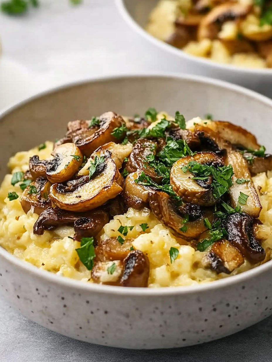 A bowl of mushrooms and rice.