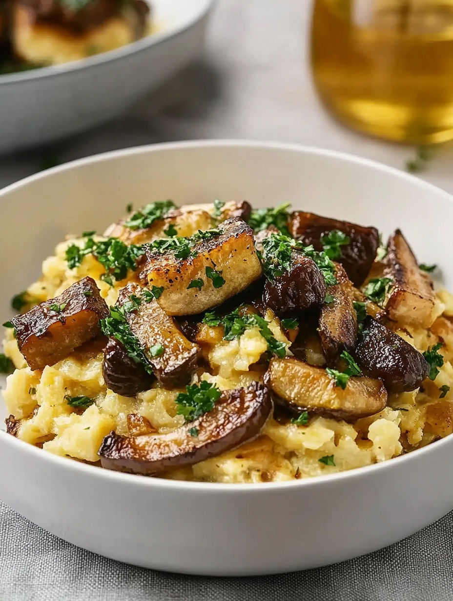 A bowl of food with mushrooms and herbs.