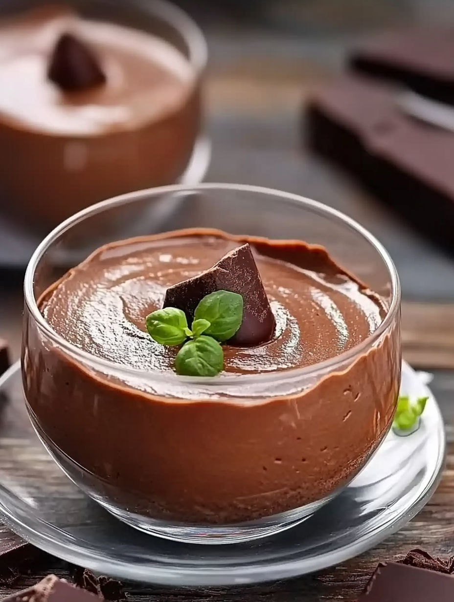 A chocolate dessert with a leaf on top.