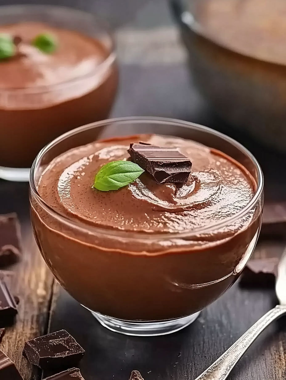 A chocolate dessert with a leaf on top.