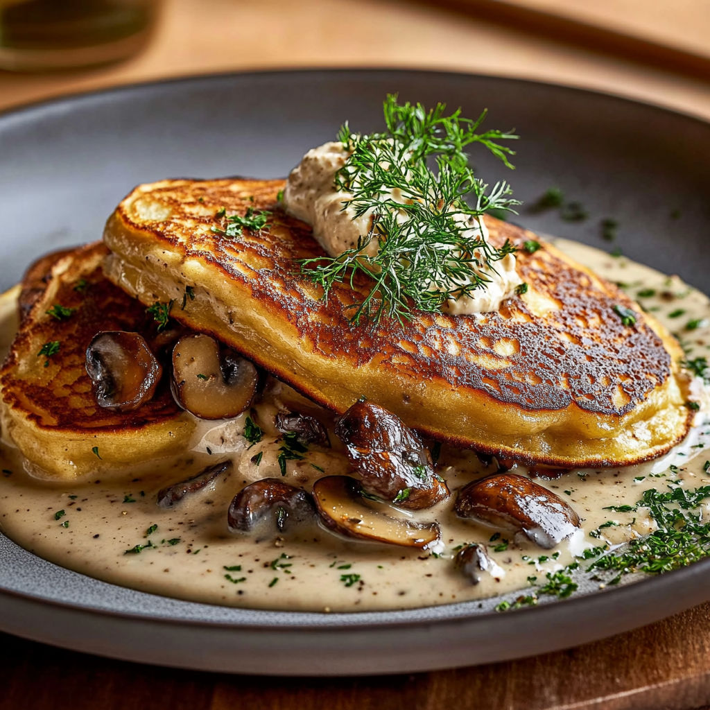 A plate of pancakes with mushrooms on top.