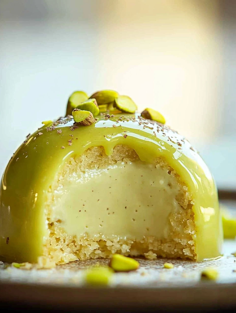 A green dessert with pistachio nuts on top.