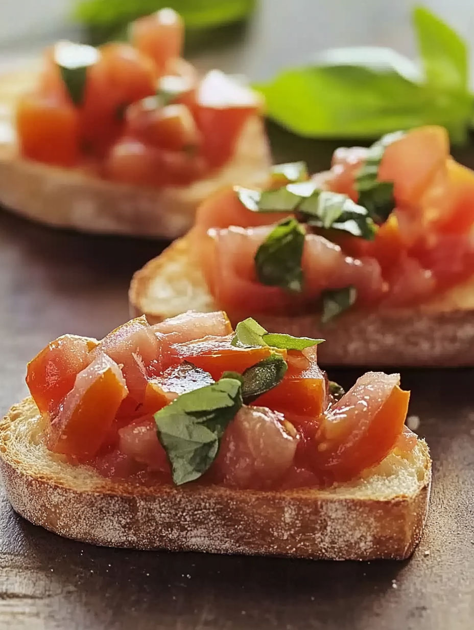 A slice of bread with tomatoes and basil on top.