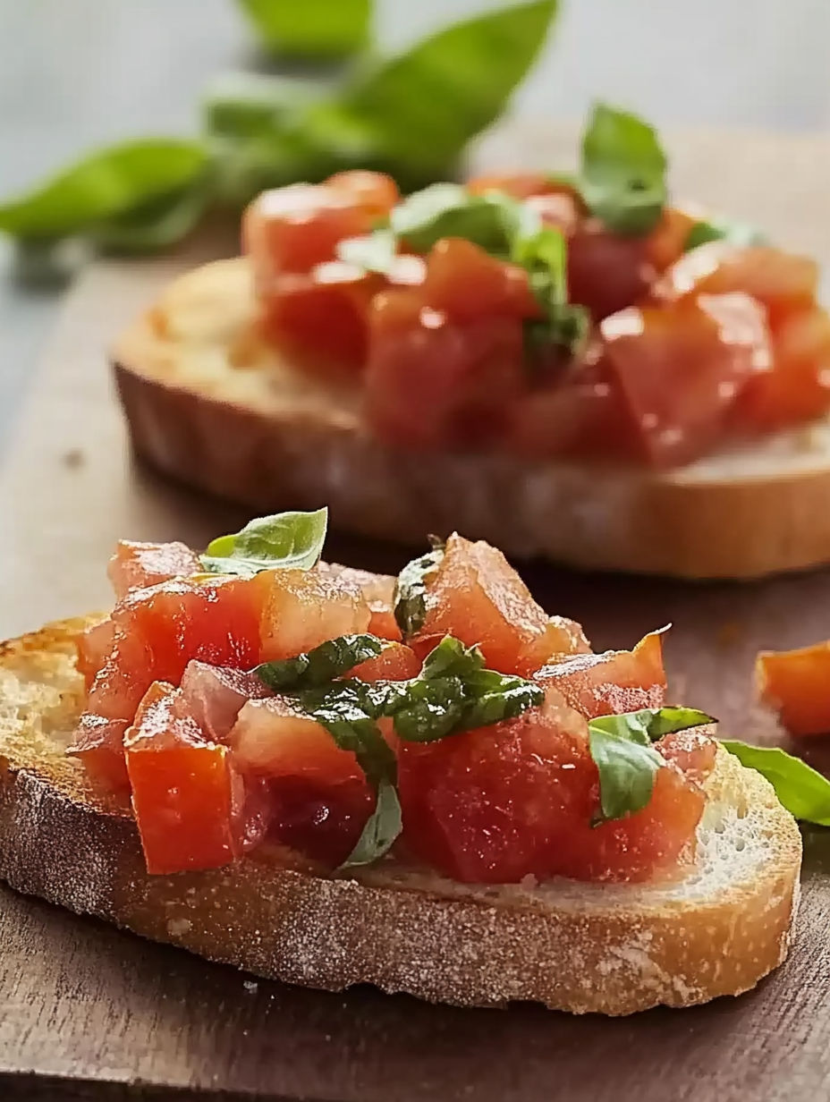 Two pieces of bread with tomatoes and basil on top.