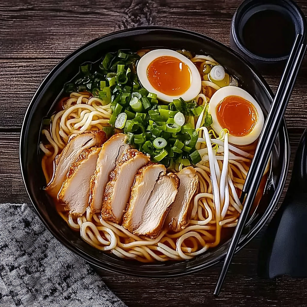 A bowl of ramen with chicken and egg.