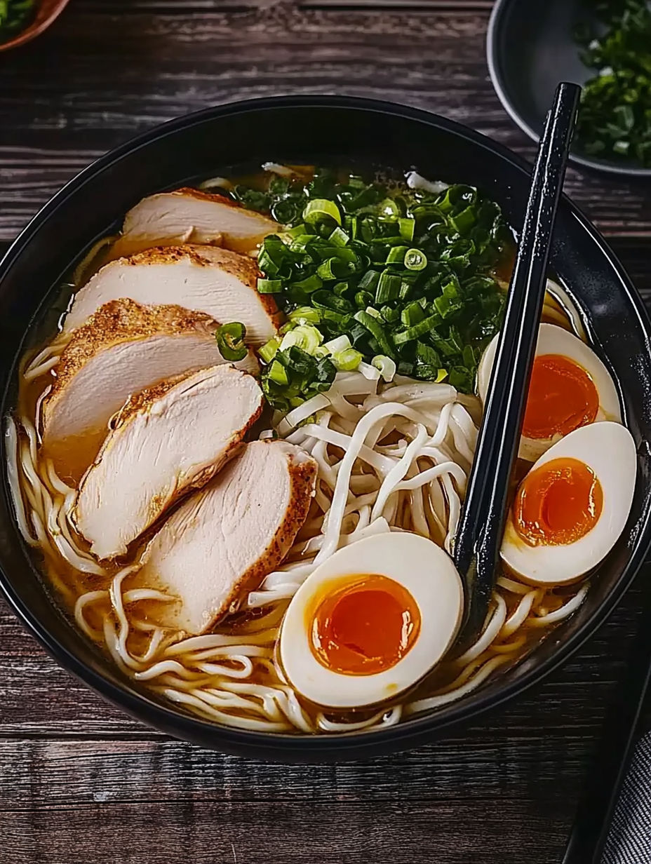 A bowl of soup with chicken, noodles, and vegetables.