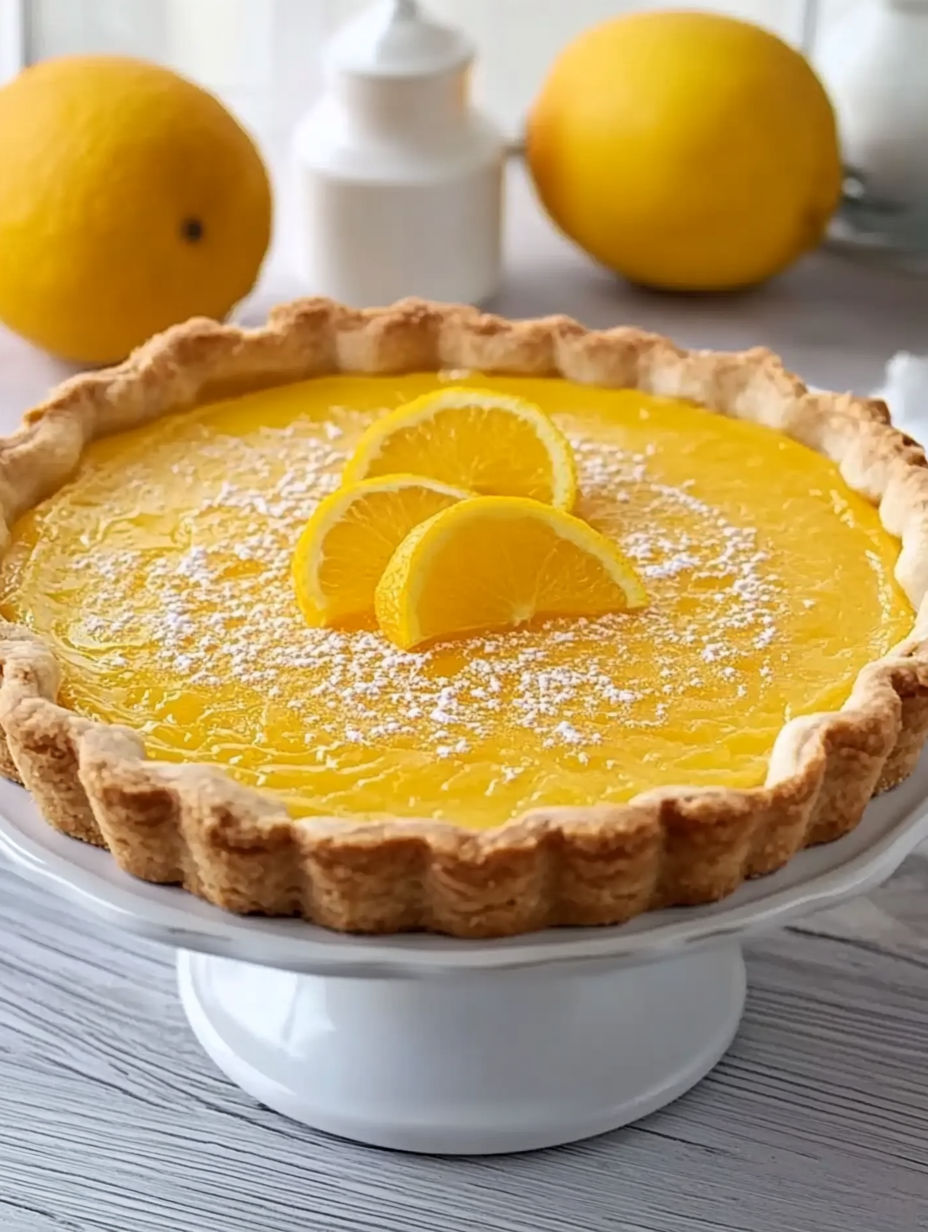 A slice of lemon pie with a lemon wedge on top.