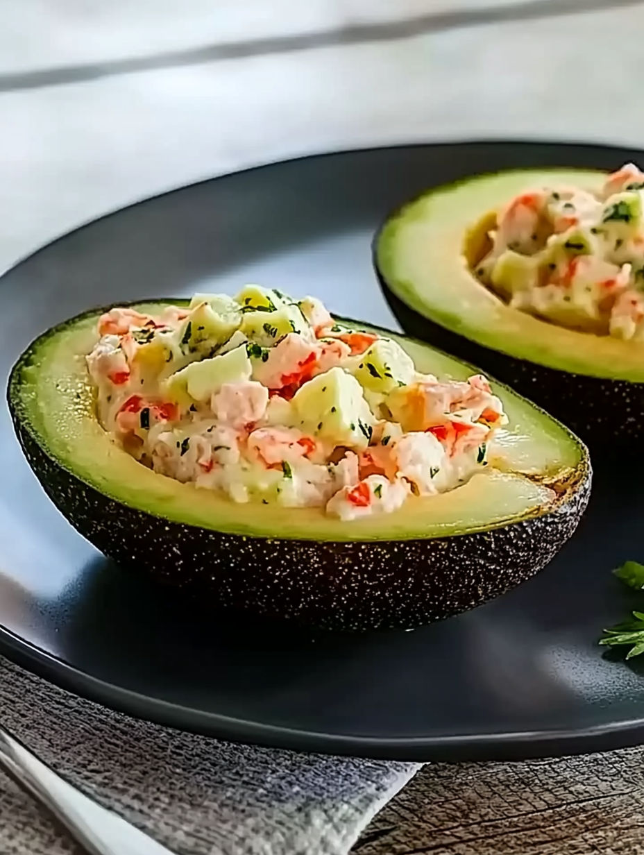 Two avocados with a creamy salad in them.