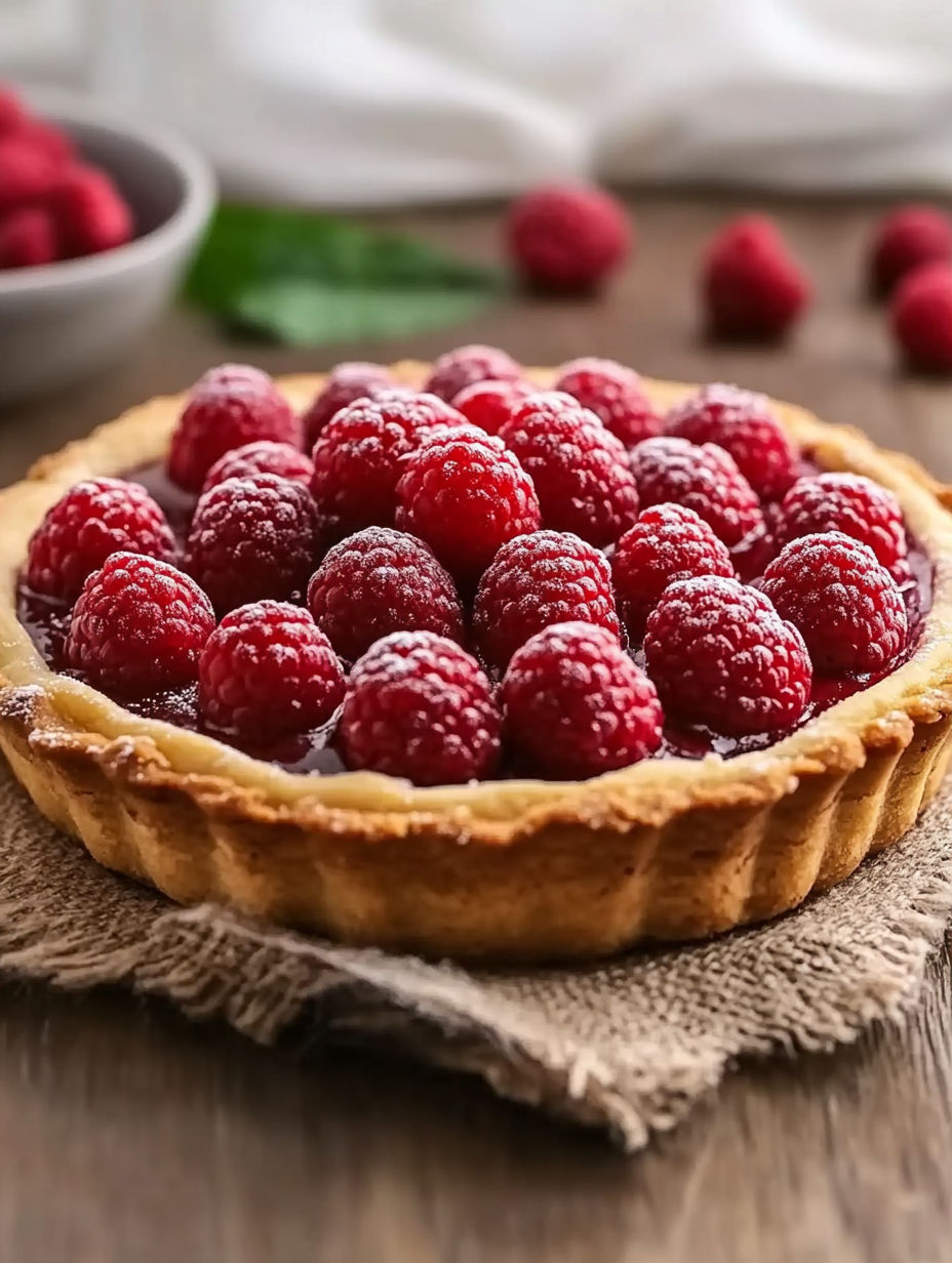 A pie with raspberries on top.