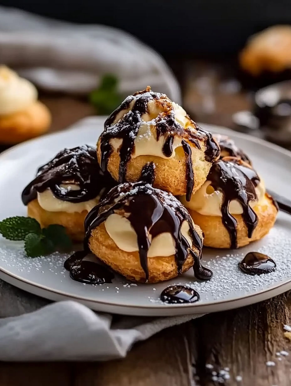 A plate of chocolate covered cream puffs.