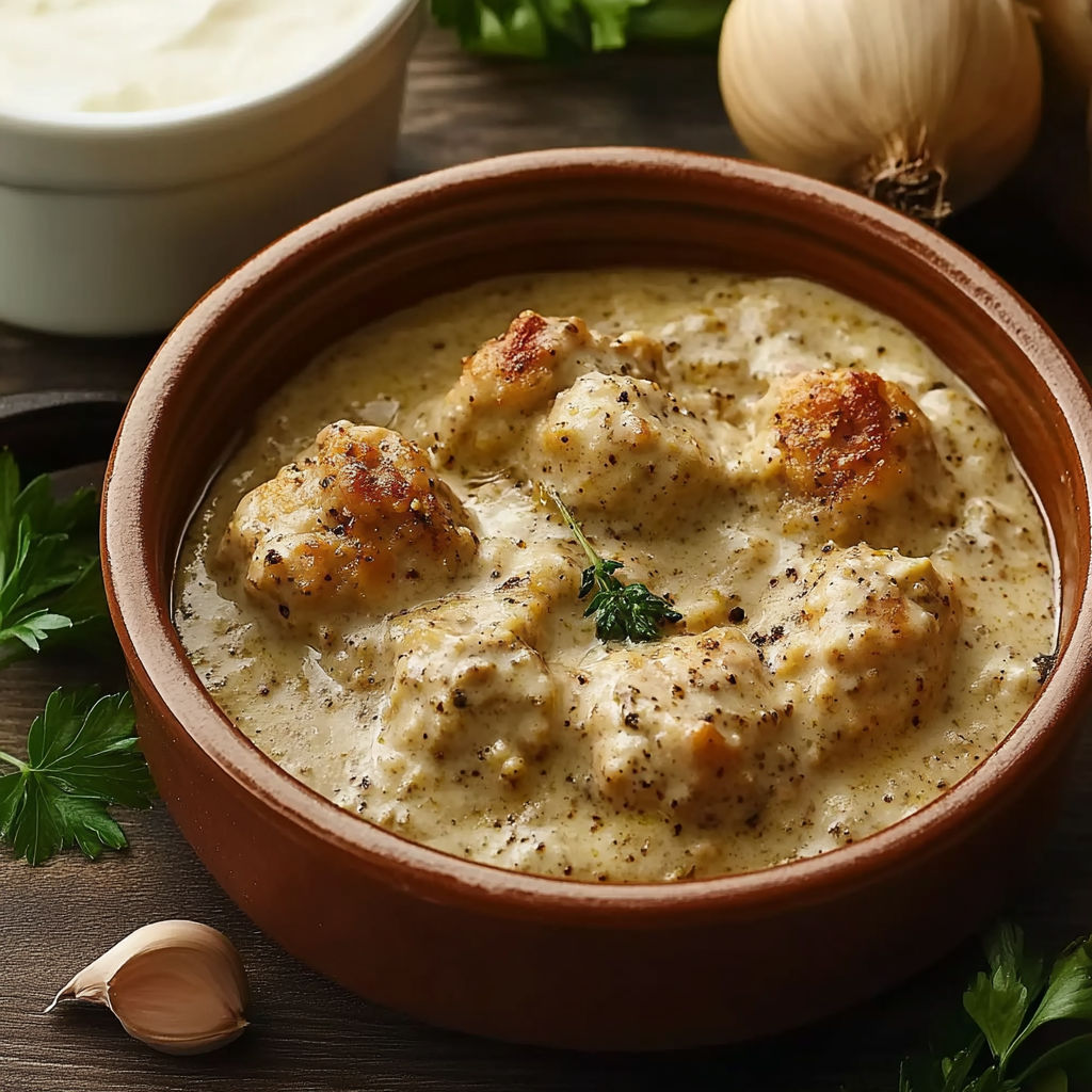 A bowl of chicken with a green herb on top.