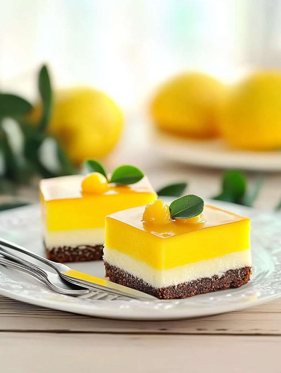 A slice of lemon cheesecake with a leaf on top.