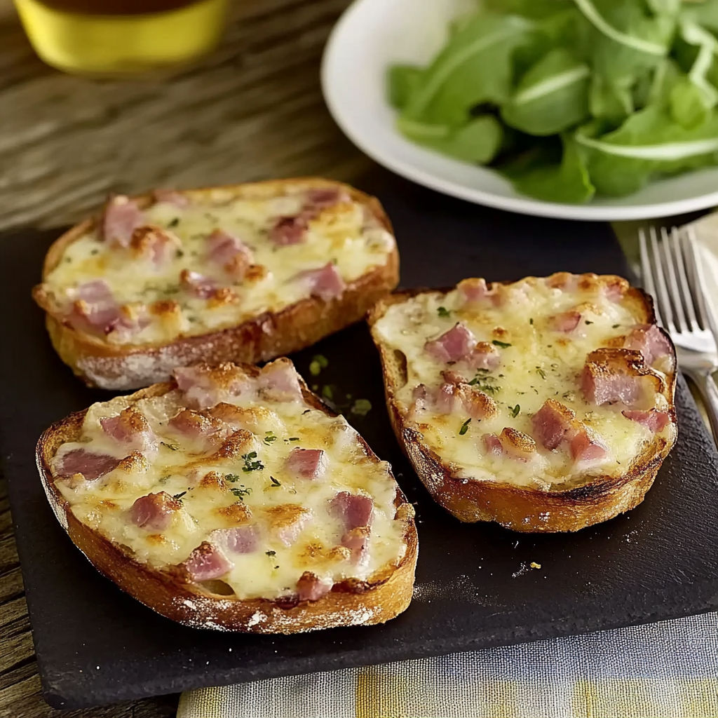 Two slices of bread with cheese and ham on top.