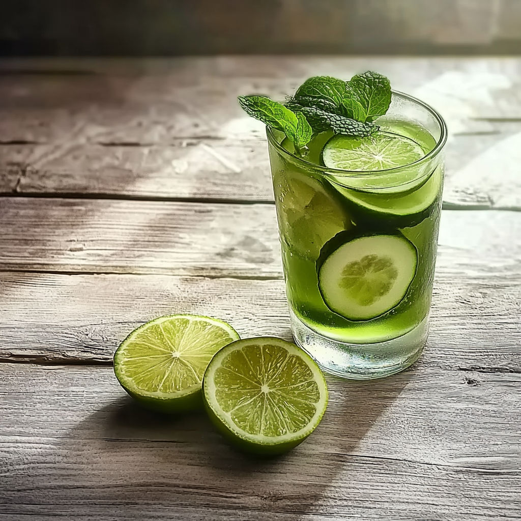 A glass of green drink with slices of lime.