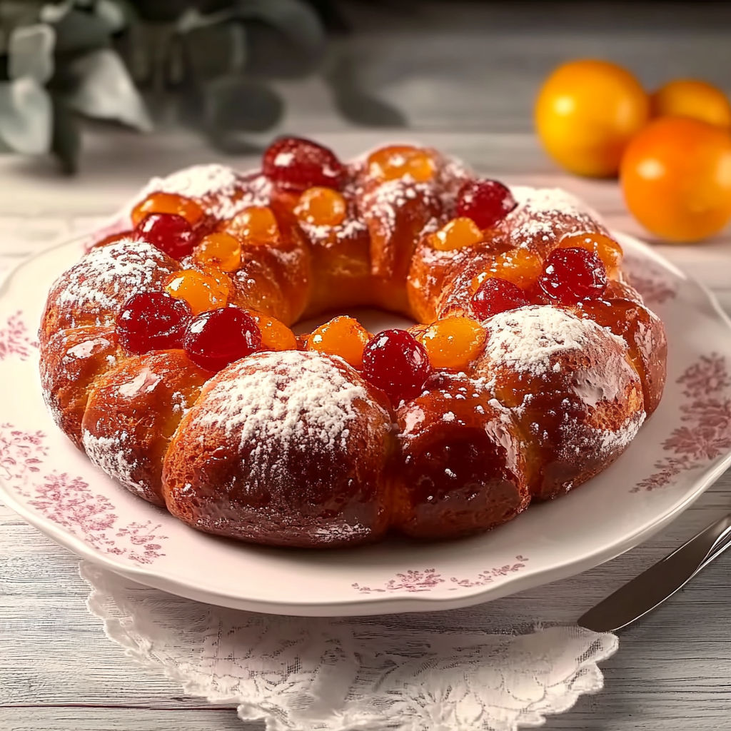 A plate of brioche des rois with powdered sugar and fruit.