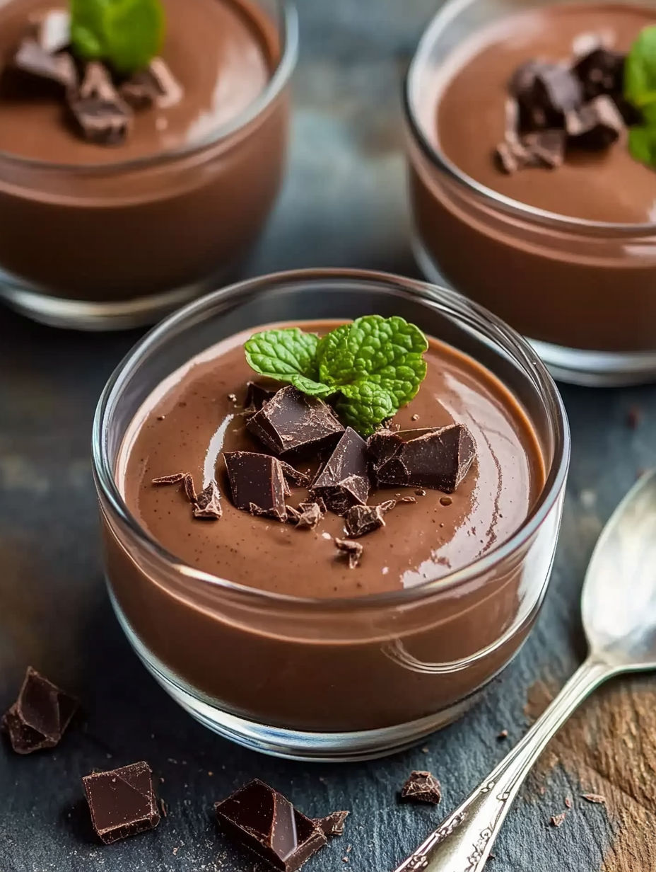 A chocolate dessert with mint leaves on top.