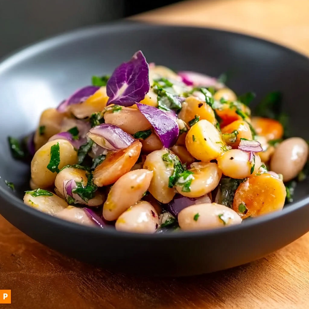 A bowl of salad with beans, onions, and purple flowers.