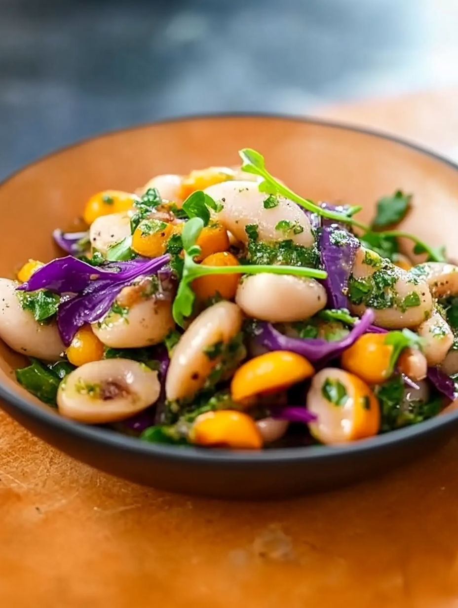 A bowl of food with a green leaf on top.