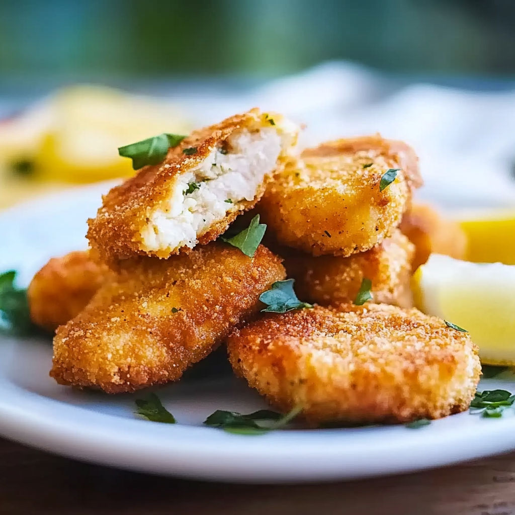 A plate of breaded chicken nuggets with herbs on top.