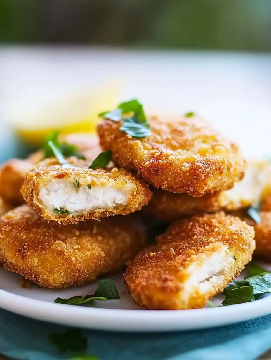 A plate of breaded chicken with herbs on top.