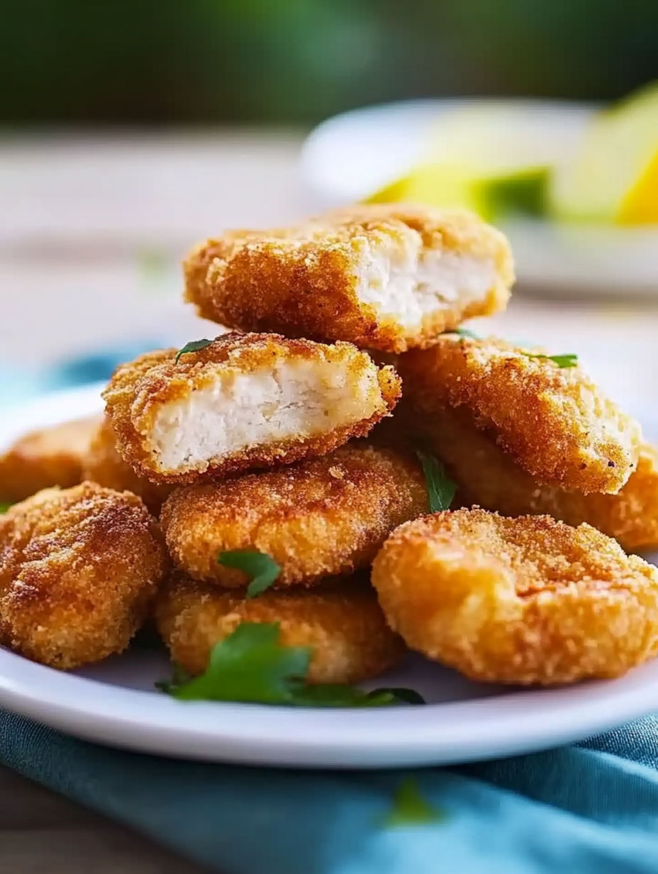 A plate of breaded chicken.
