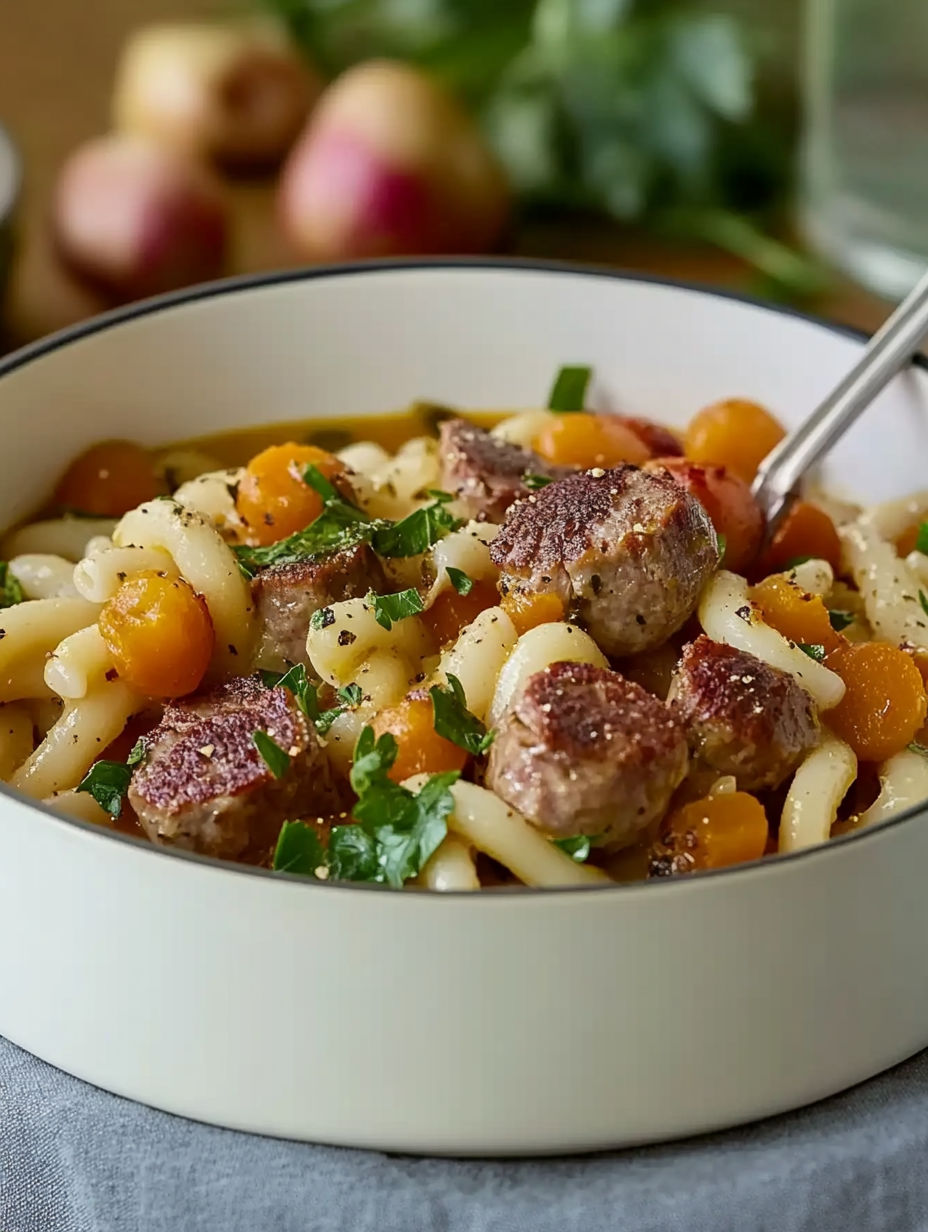 A bowl of pasta with meatballs and vegetables.