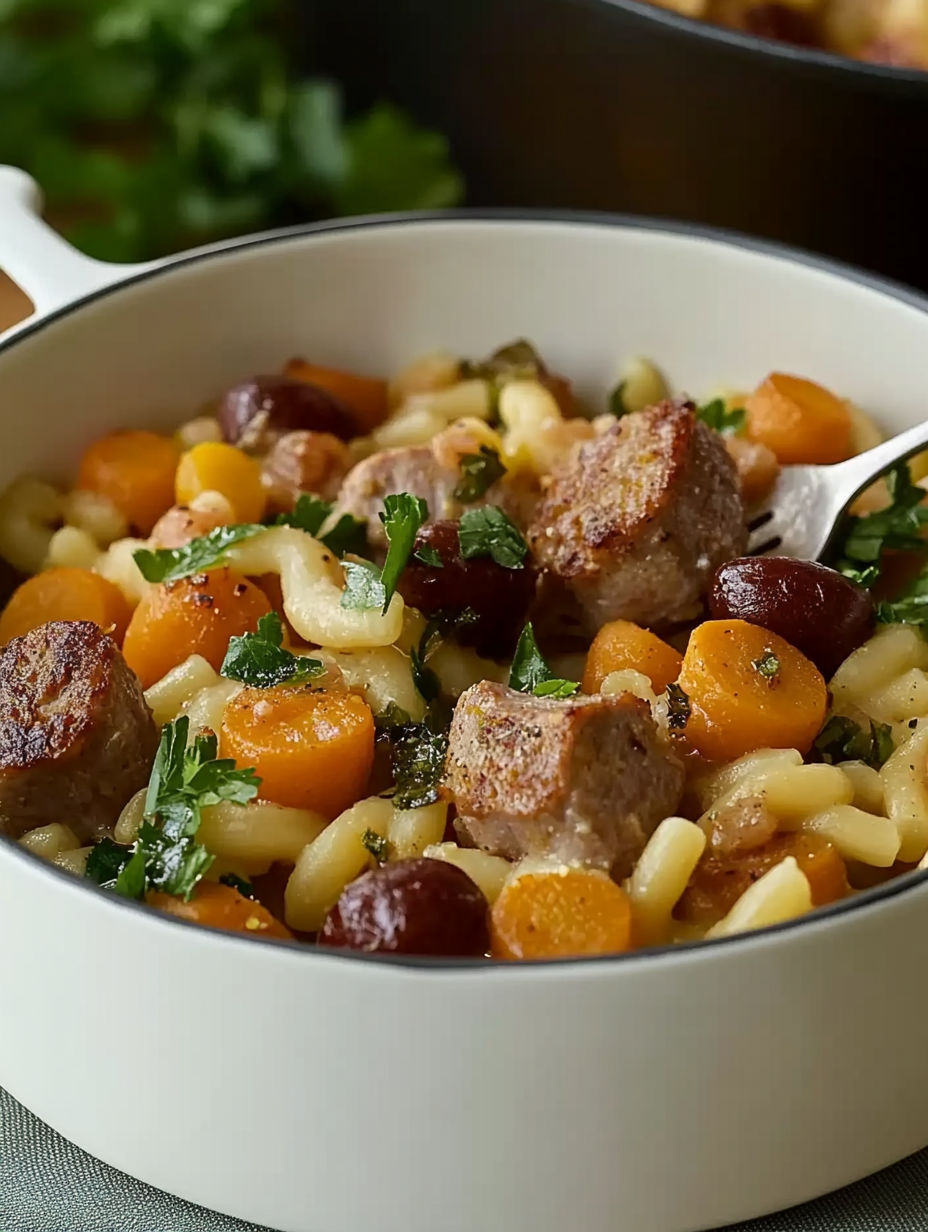 A bowl of pasta with meat and vegetables.