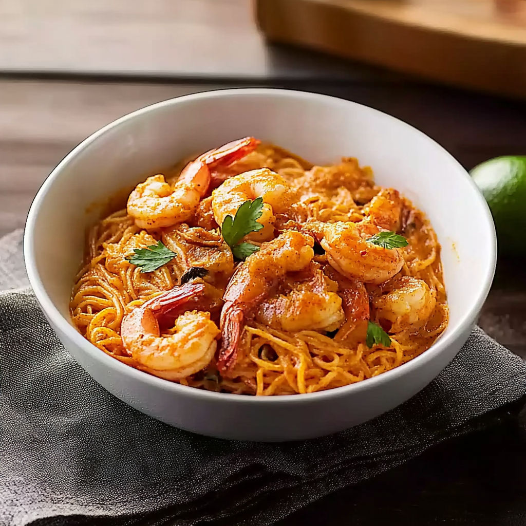 A bowl of shrimp and noodles.