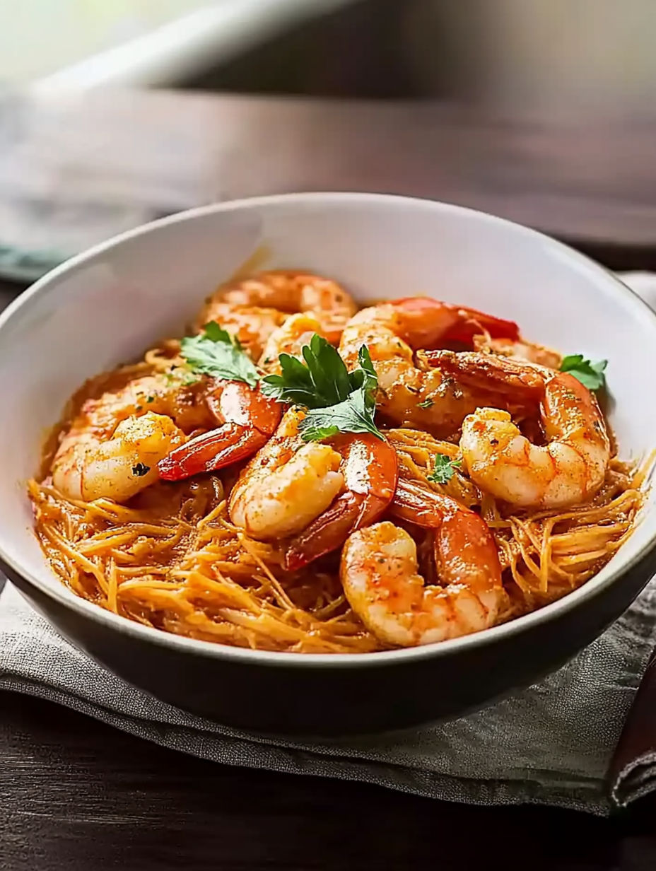 A bowl of shrimp and noodles.