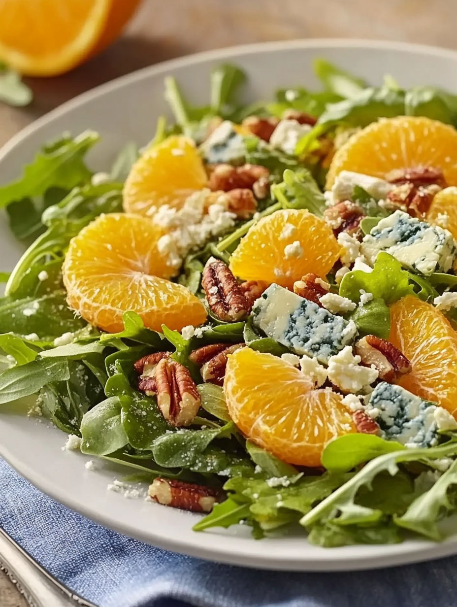 A plate of salad with oranges and blue cheese.