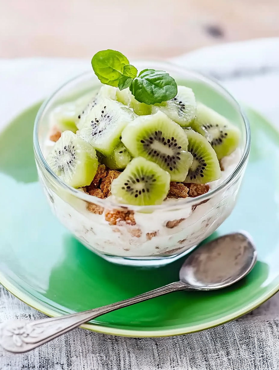 A bowl of fruit with kiwi and green leaf.