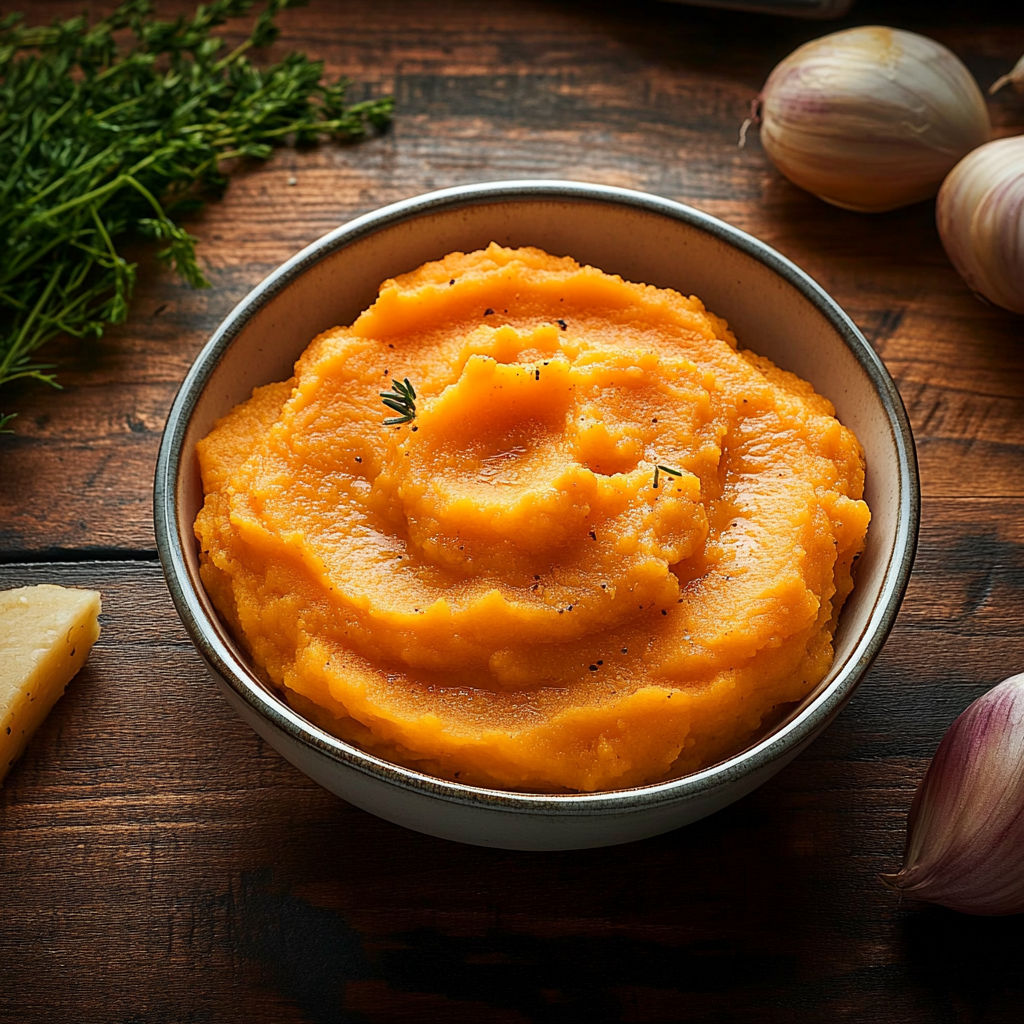 A bowl of purée de patates douces.