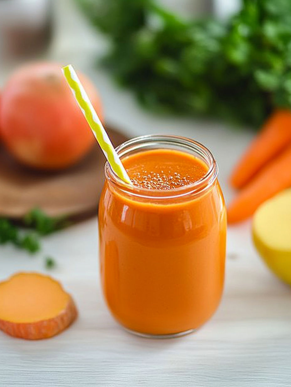 A glass of orange juice with a straw in it.