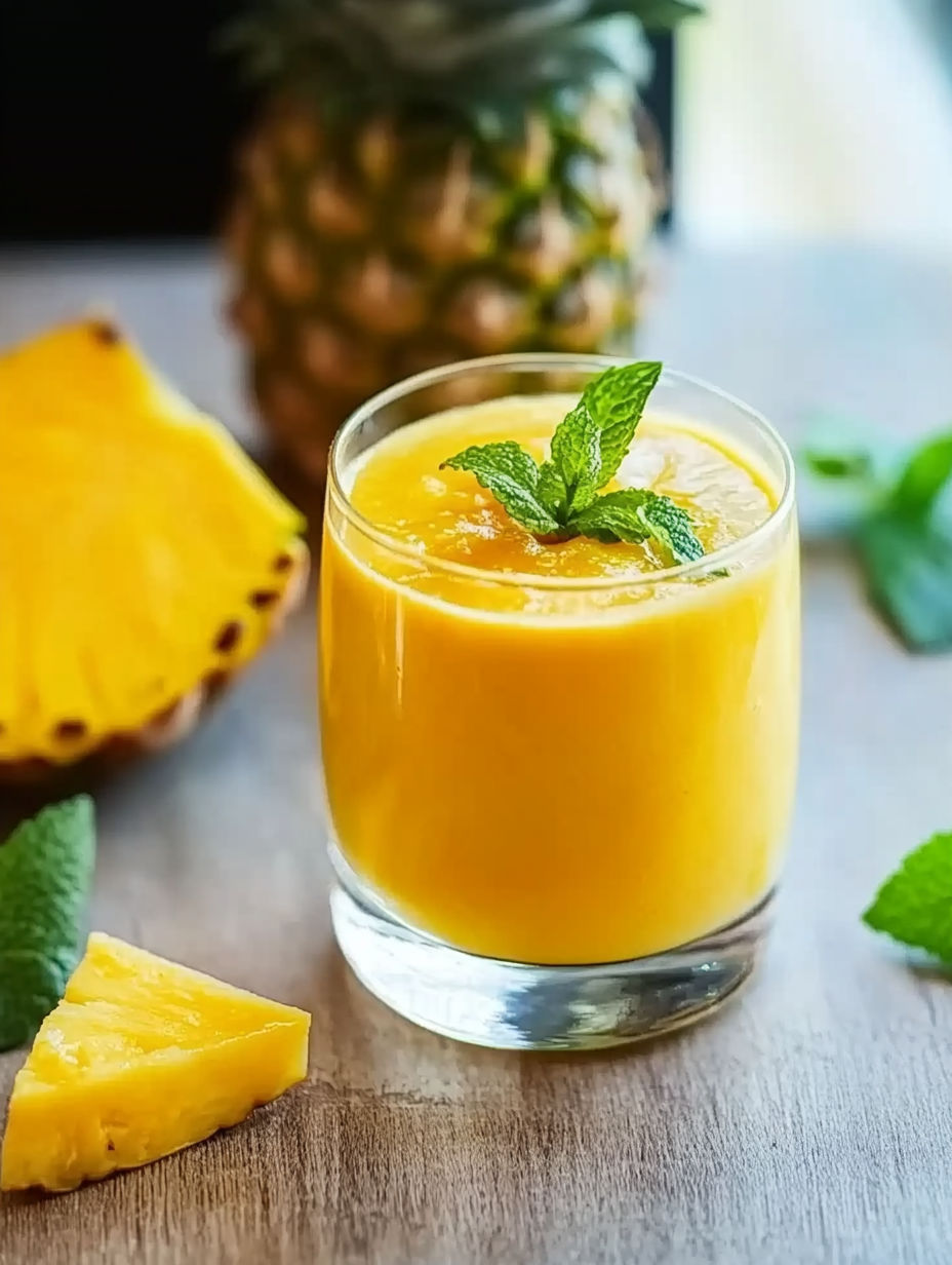A glass of orange juice with a mint leaf on top.
