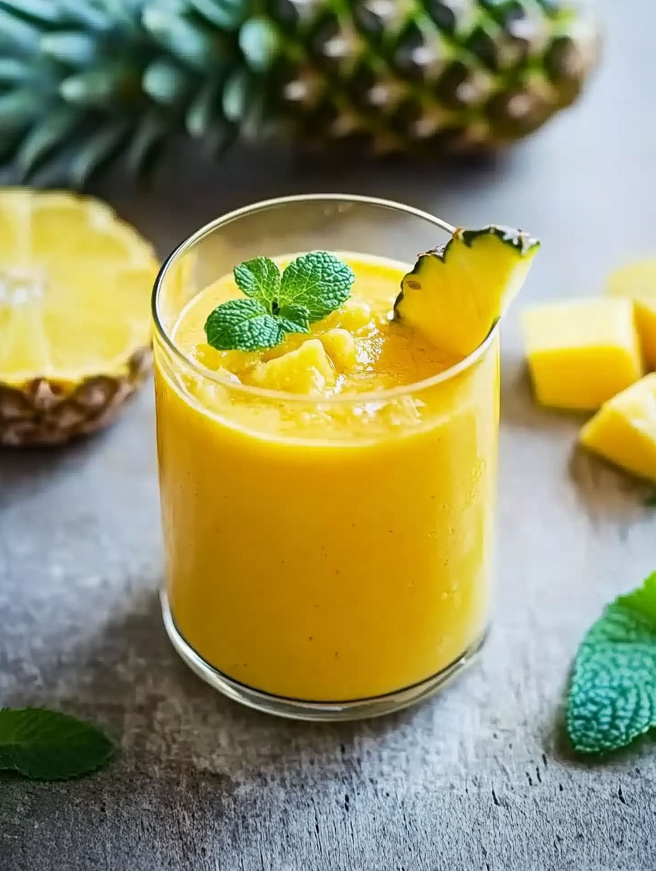 A glass of smoothie with a slice of pineapple on top.