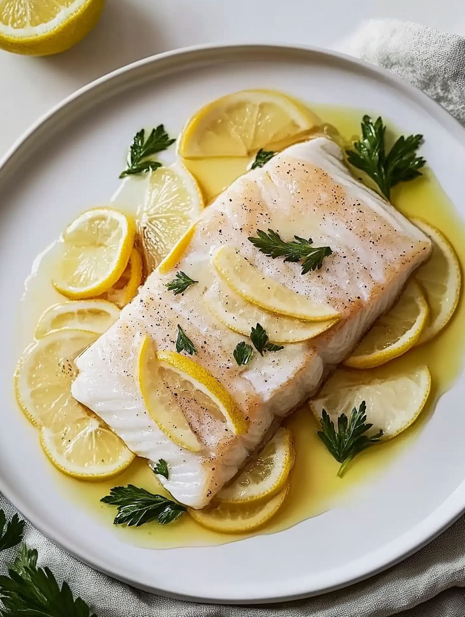 A plate of fish with lemon slices on top.