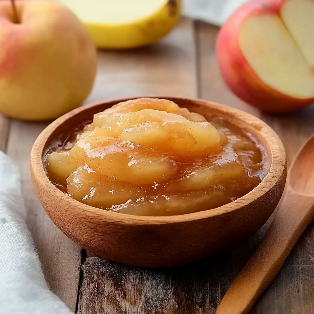 A wooden bowl filled with a compote made from apples.