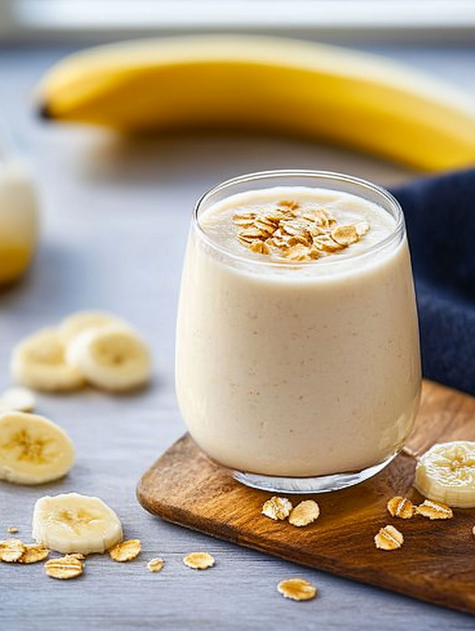 A glass of smoothie with bananas and nuts.