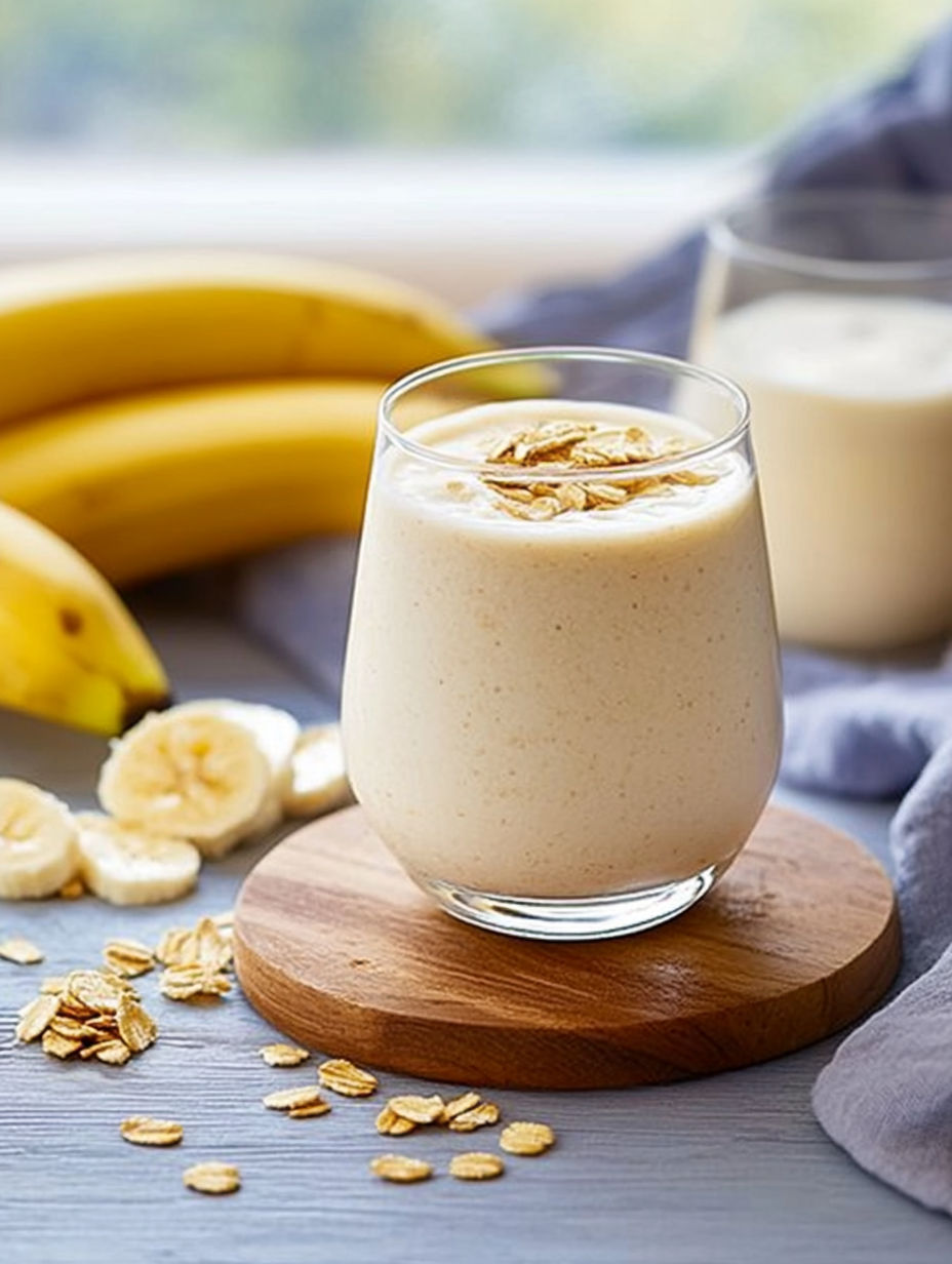 A glass of smoothie with bananas and granola.