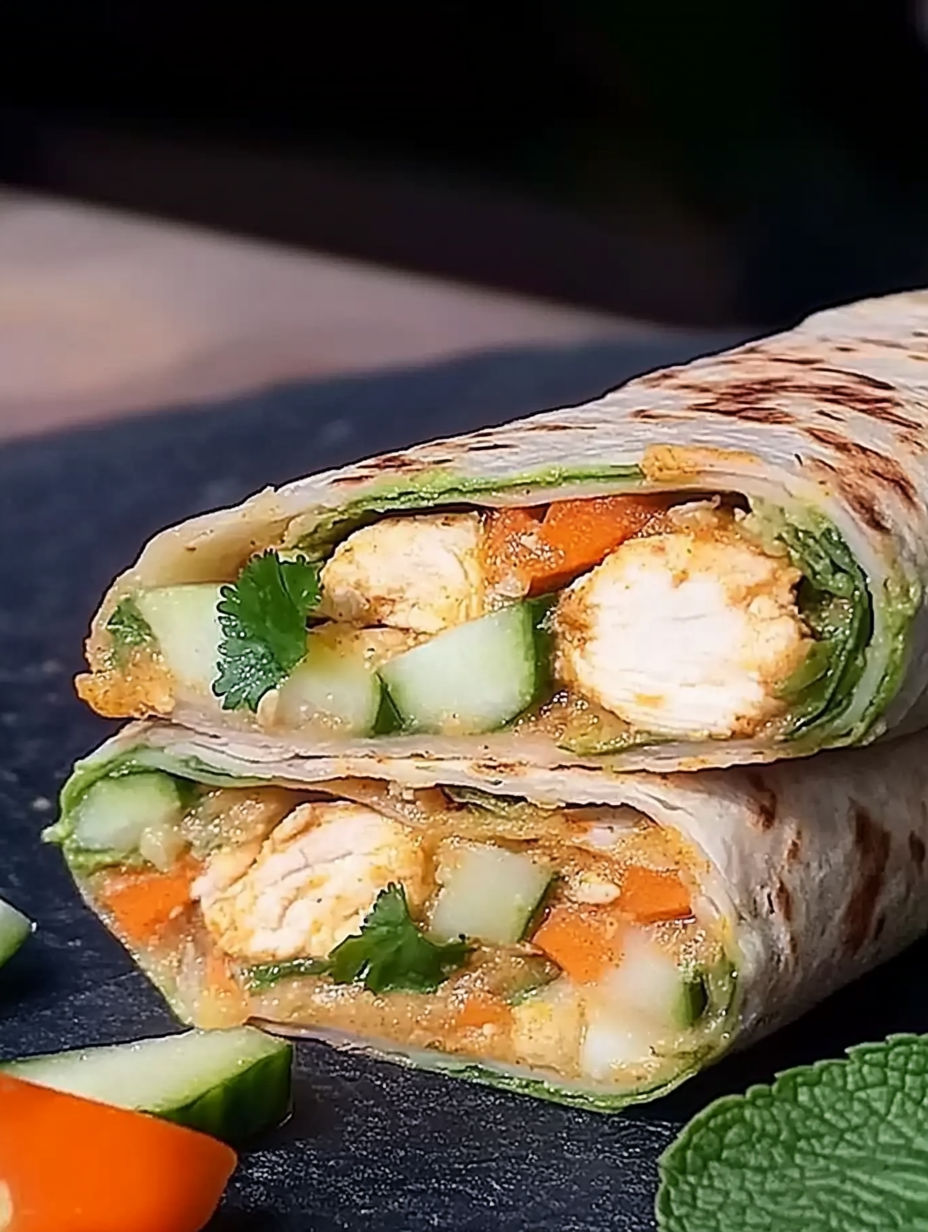 A sandwich with chicken, cucumber, and carrots.