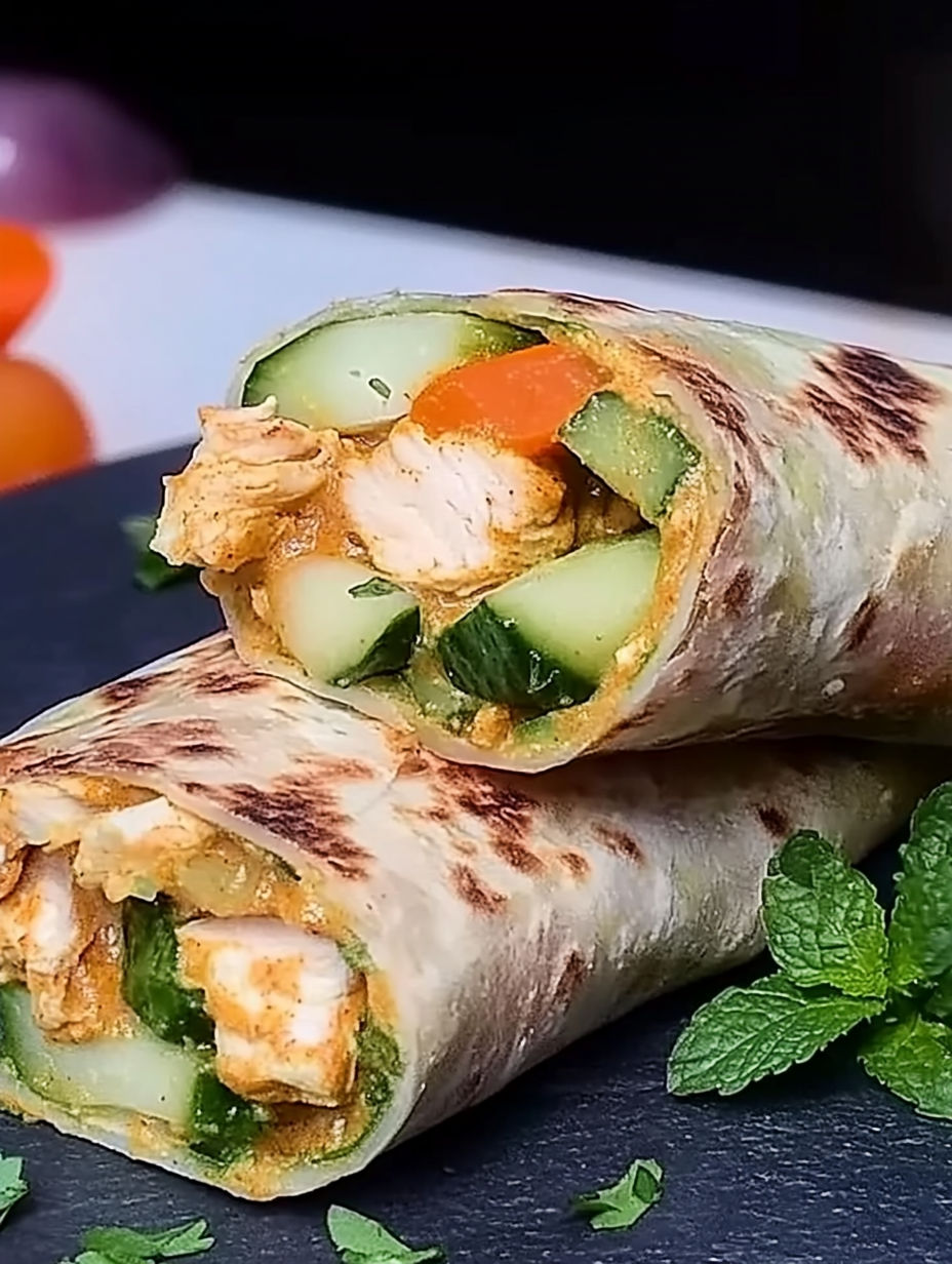 A wrap with chicken and vegetables.