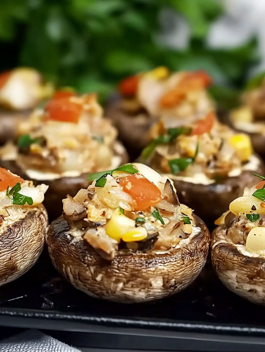 A close up of a mushroom with a tomato on top.