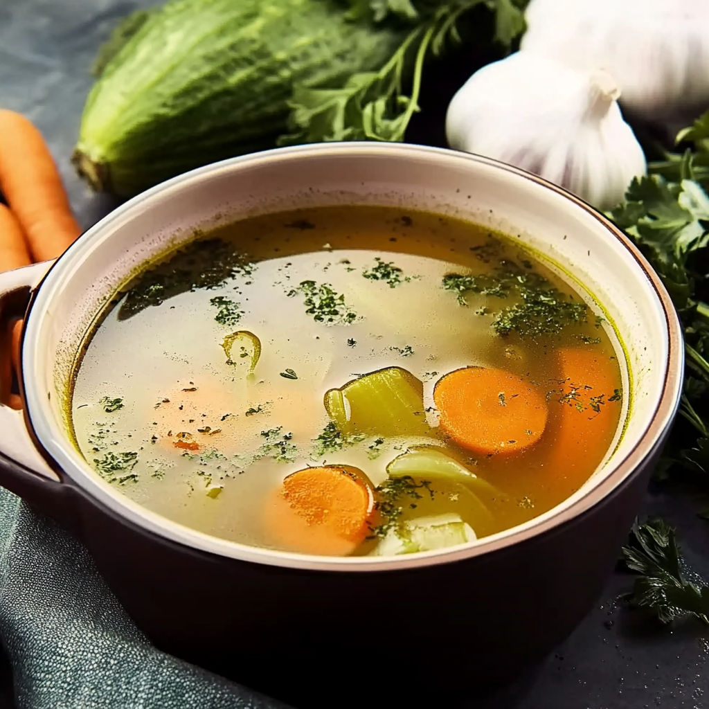 A bowl of soup with carrots and other vegetables.