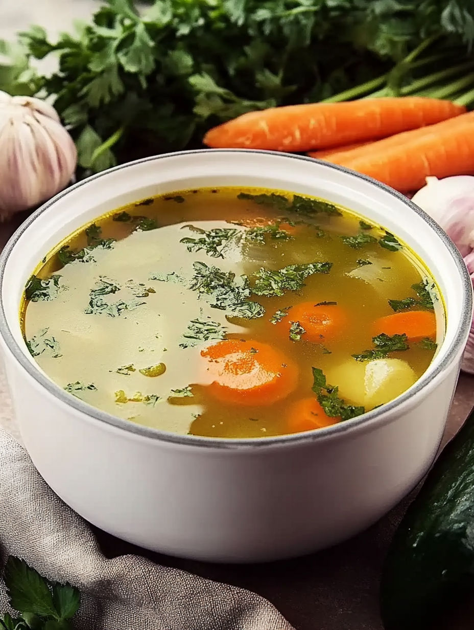 A bowl of soup with carrots and onions.