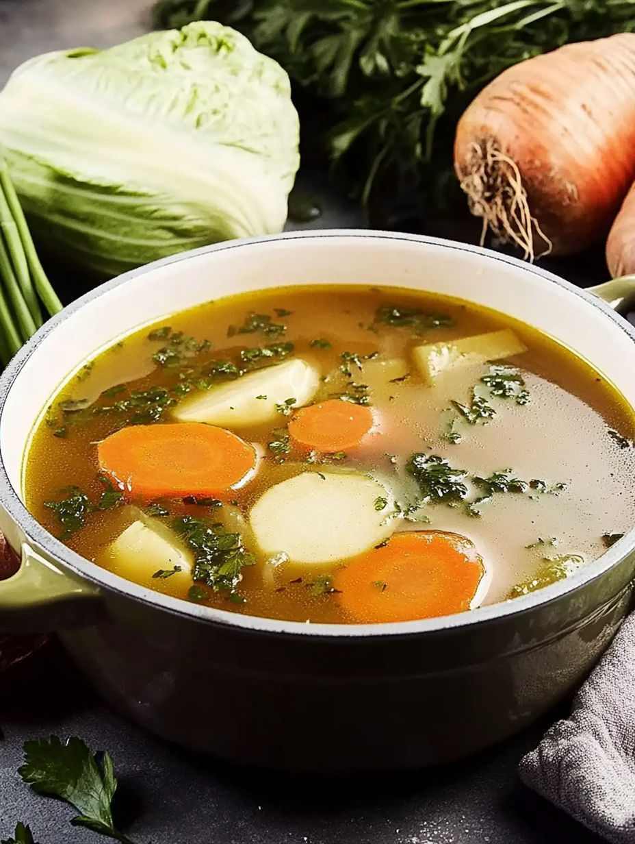 A bowl of soup with vegetables and carrots.