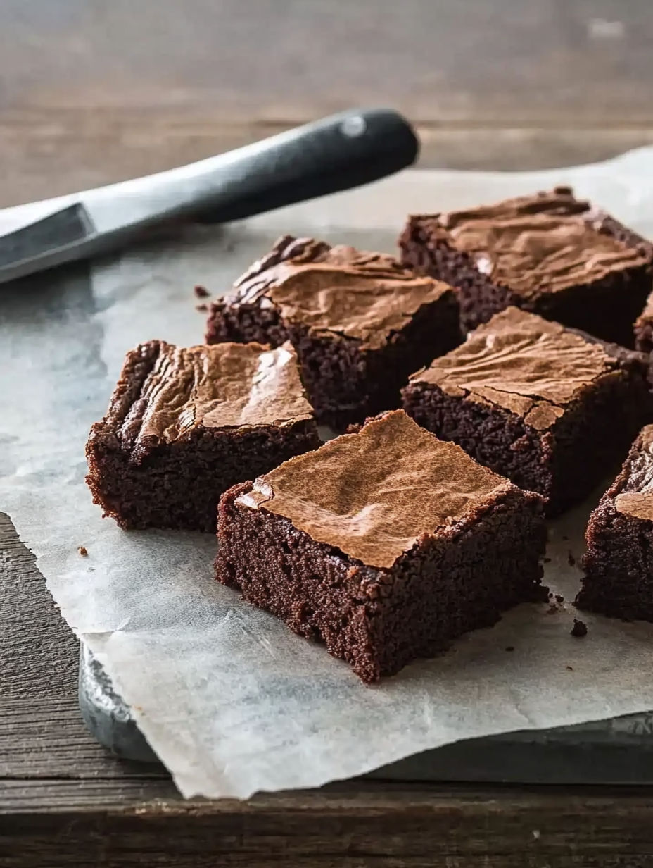 A close up of a brownie with a knife in front of it.