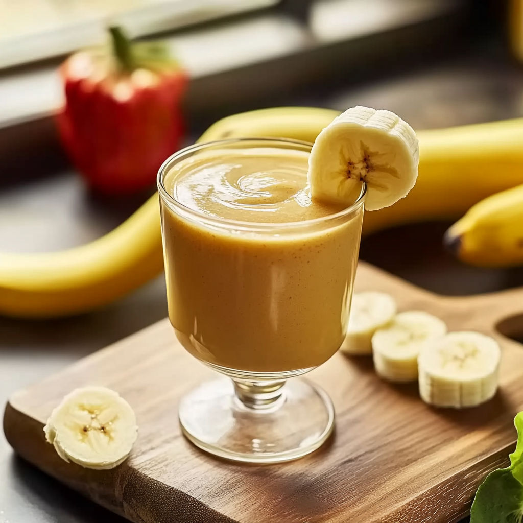 A glass of smoothie with banana and apple slices.