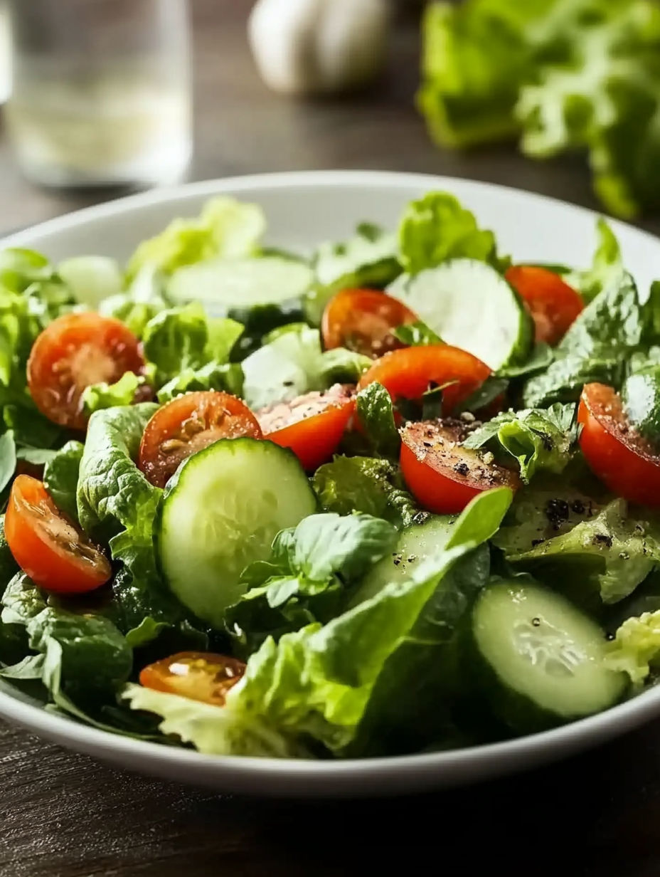 A bowl of salad with cucumbers, tomatoes, and lettuce.