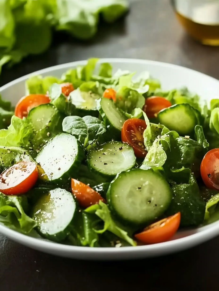 A white bowl filled with a salad containing cucumbers, tomatoes, and lettuce.