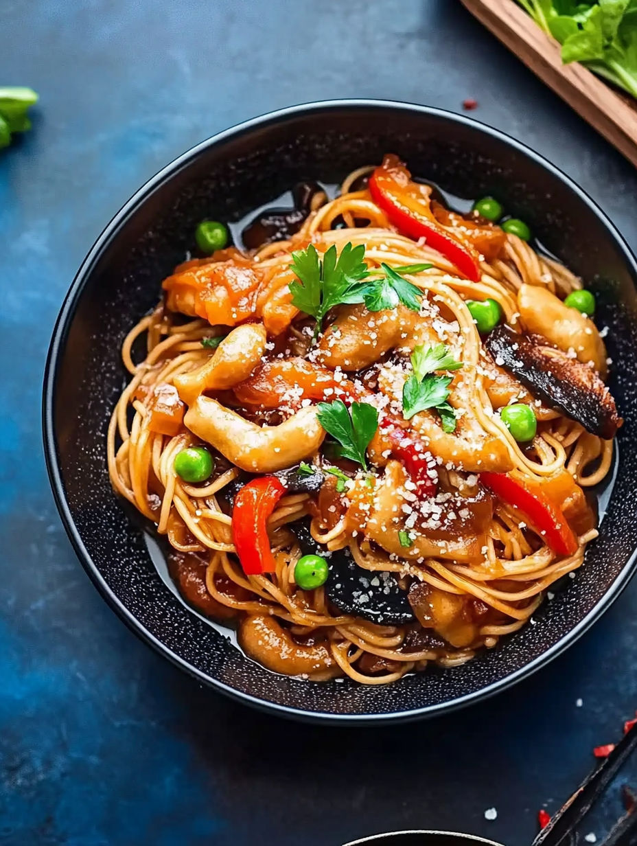 A bowl of noodles with meat and vegetables.